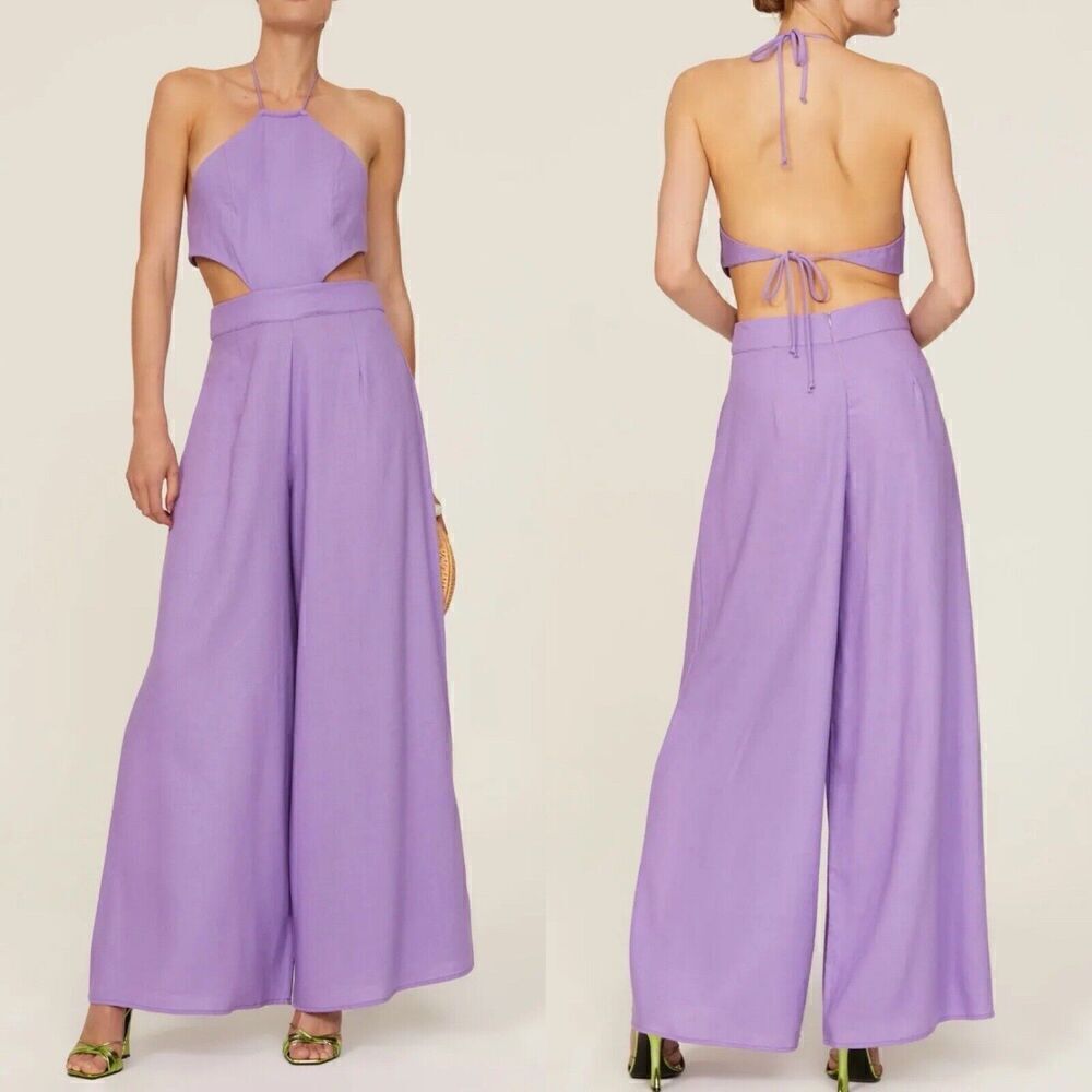 LOUNA Jumpsuit Womens Large L Lavender Backless Wide Leg Linen Blend Strappy